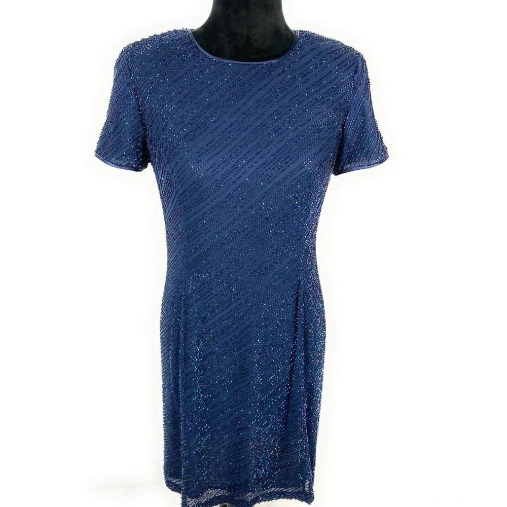 Bieff Basix Navy Blue Silk Beaded Dress Size 10